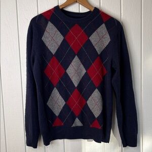 100% Cashmere Argyle Sweater Navy Red & Gray Long Sleeve, Round Neck